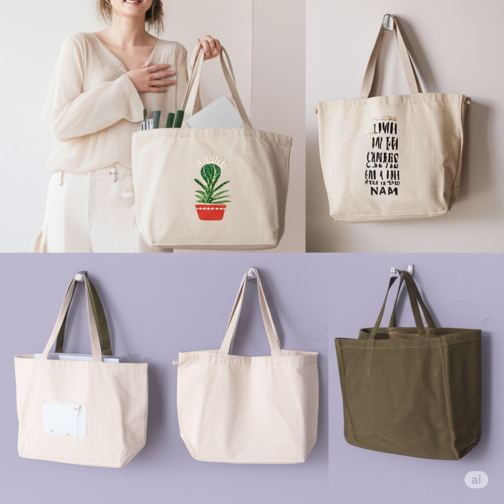 Người phụ nữ với túi vải canvas trong thiên nhiên